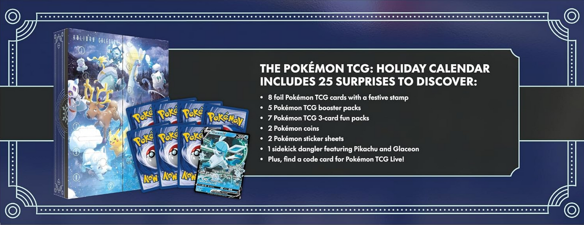 Innholdsbilde: Innholdet i Pokémon Holiday Calendar 2023: foilkort, boosterpakker, mynter, klistremerker og anheng