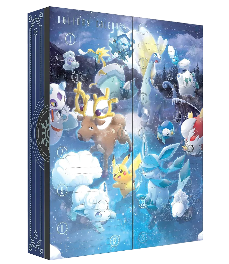 Display: Pokémon TCG Holiday Calendar 2023, eske med Pikachu og Glaceon i vinterlandskap