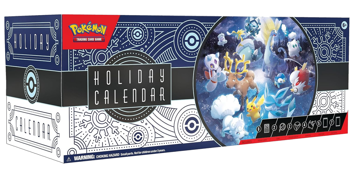 Forside: Pokémon TCG Holiday Calendar 2023, eske med Pikachu og Glaceon i vinterlandskap