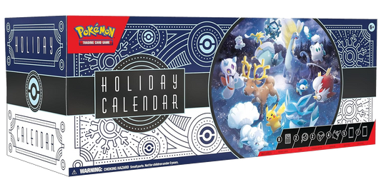 Forside: Pokémon TCG Holiday Calendar 2023, eske med Pikachu og Glaceon i vinterlandskap